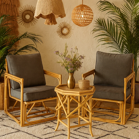 IRA Vintage Armchair Set of 2 with Wooden Table | Rattan Cane Armchairs with Cushions | Rustic Natural Wooden Furniture for Living Room, Balcony, Patio & Outdoor