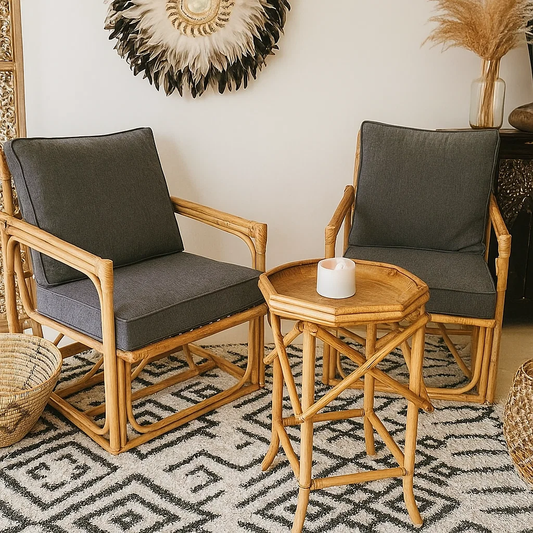 IRA Vintage Armchair Set of 2 with Wooden Table | Rattan Cane Armchairs with Cushions | Rustic Natural Wooden Furniture for Living Room, Balcony, Patio & Outdoor