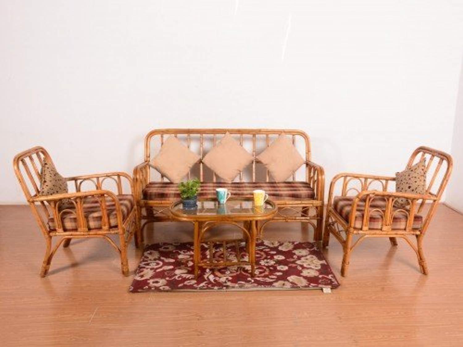 IRA Wicker Cane 5-Seater Bamboo Sofa Set with Cushions (Brown) - IRA Furniture