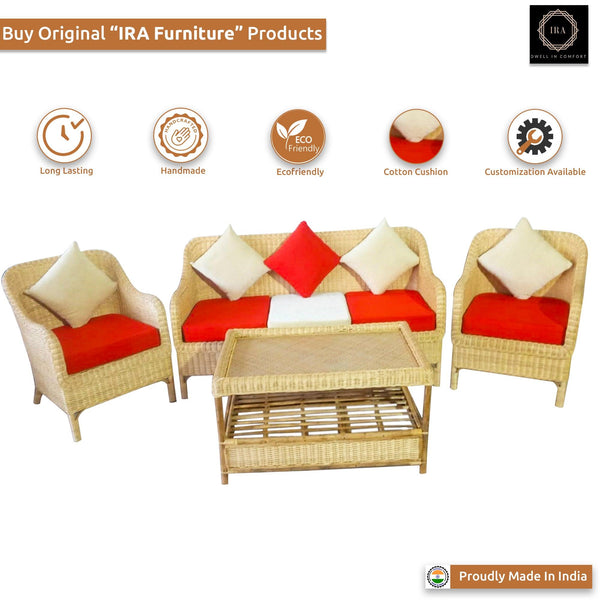 IRA Cane 5-Seater Sofa Set with Cushions (3+1+1) and Center Table - Comfortable & Spacious Living Room Sofa Set
