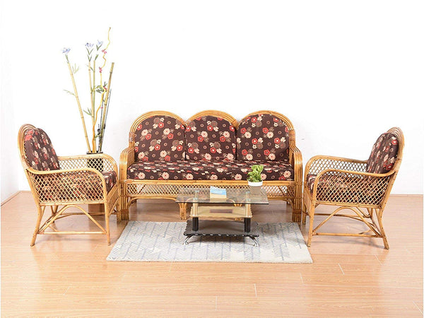 IRA Natural Rattan Cane 3 Seater Sofa Set and 2 Single Seater Chair with Cushions (Brown) - IRA Furniture
