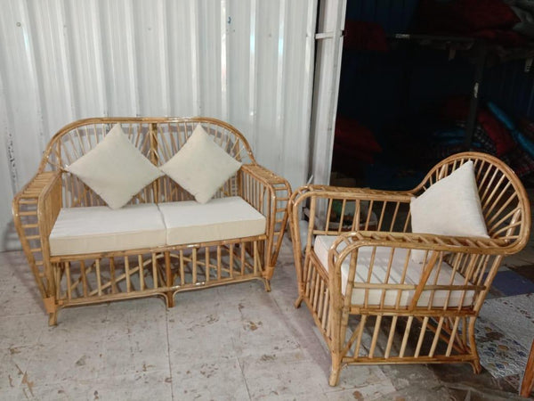 IRA 2-Seater Sofa & Armchair Set for Living Room, Balcony, Office & Garden | Natural Rattan Wicker Seating | Cushions Included, Customizable | Durable Timber Frame