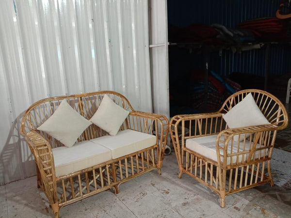 IRA 2-Seater Sofa & Armchair Set for Living Room, Balcony, Office & Garden | Natural Rattan Wicker Seating | Cushions Included, Customizable | Durable Timber Frame