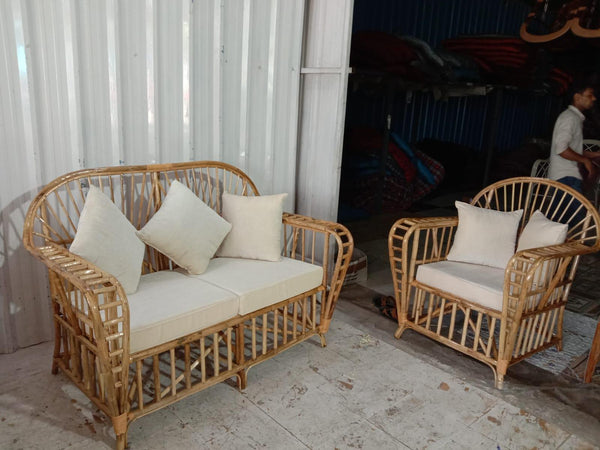 IRA 2-Seater Sofa & Armchair Set for Living Room, Balcony, Office & Garden | Natural Rattan Wicker Seating | Cushions Included, Customizable | Durable Timber Frame