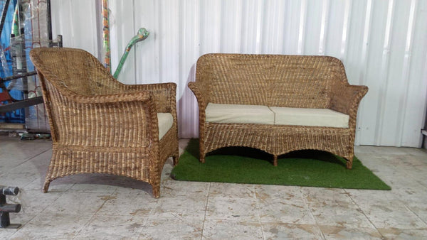 IRA 2-Seater Handwoven Wooden Sofa | Brown Wash Wicker Furniture for Living Room, Bedroom, Garden, Patio | Comfortable Seating with Cushions | Modern Design | Outdoor & Indoor Use
