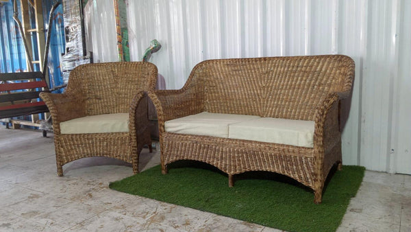 IRA 2-Seater Handwoven Wooden Sofa | Brown Wash Wicker Furniture for Living Room, Bedroom, Garden, Patio | Comfortable Seating with Cushions | Modern Design | Outdoor & Indoor Use