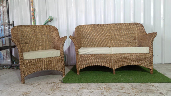 IRA 2-Seater Handwoven Wooden Sofa | Brown Wash Wicker Furniture for Living Room, Bedroom, Garden, Patio | Comfortable Seating with Cushions | Modern Design | Outdoor & Indoor Use