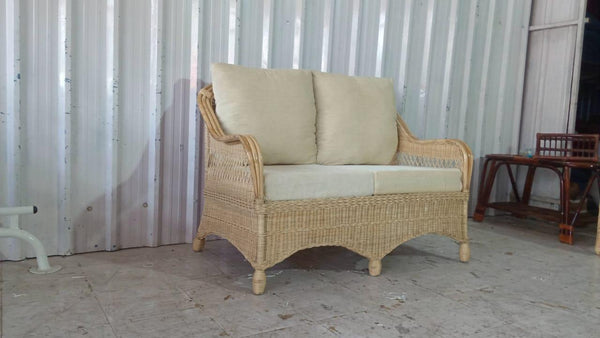 IRA 2-Seater Wooden Sofa Set – Handwoven Rattan, Brown Wash Finish, Comfortable Seating for Living Room, Garden, Balcony | Handmade Indian Craft, Modern Design, Outdoor & Indoor Use