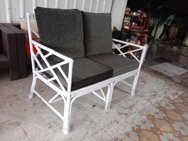 IRA 2 Seater White Retro Sofa – Handwoven Rattan, Wooden Frame, Comfortable Seating for Living Room, Garden, Balcony, and Outdoor Furniture