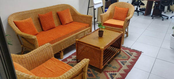 IRA Cane 5-Seater Sofa Set with Cushions (3+1+1) and Center Table – Spacious & Comfortable Living Room Furniture